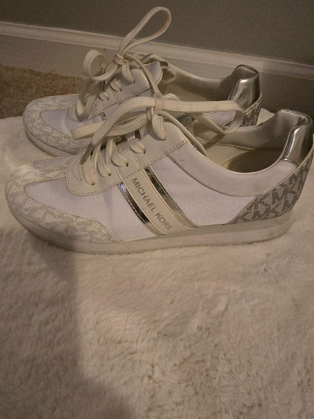 Michael Kors White and Silver Accent Lace-Up Sneakers